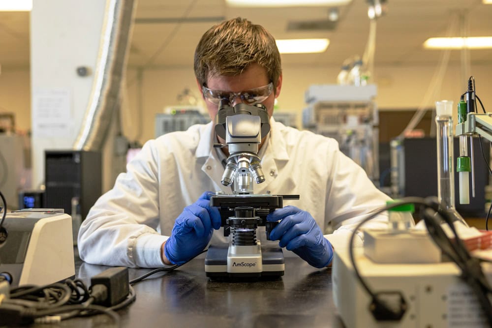 an ellipse analytics employee reviewing a slide underneath a microscope